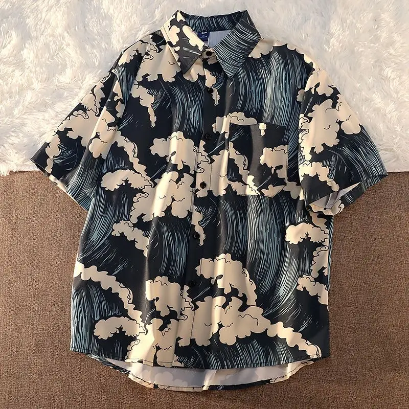 Summer handsome wave full printed shirt for men and women same style bf style Japanese style loose casual short-sleeved trend