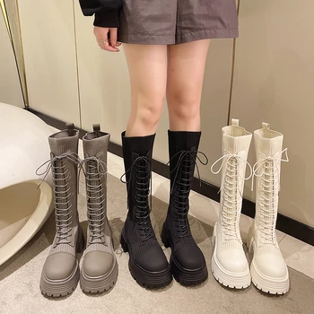 Chunky Platform Knitted Long Boots Women 2022 Autumn Thick Bottom Warm Sock Boots Shoes Woman Lace Up Knee High Botas De Mujer