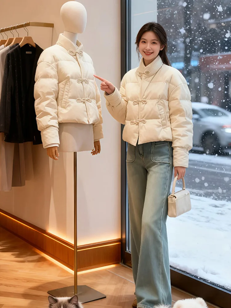 

New Chinese Sle ort Thiened Cotton Jaet Women's Winter Faionable Warm Outerwear Button Design Korean Loose Fit Coat