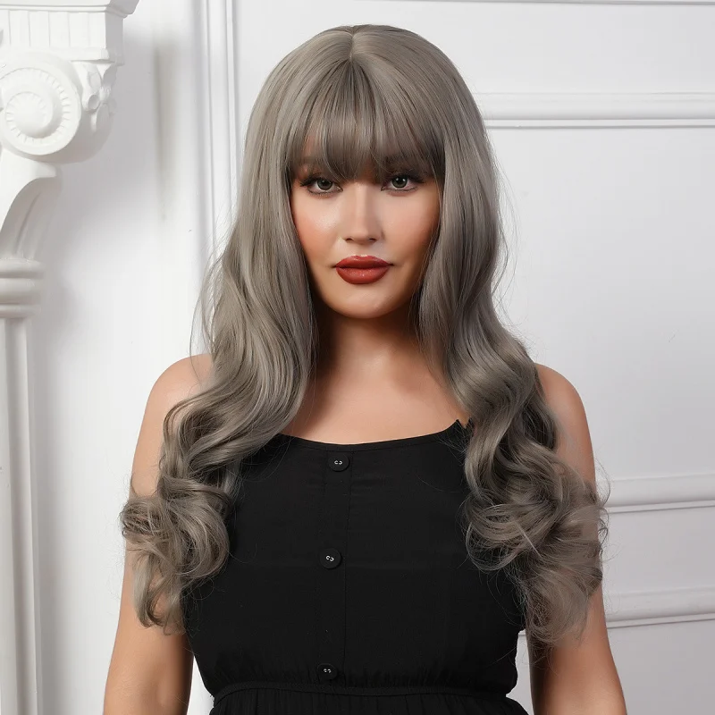 

European and American Hot-Selling Women's Wig with Bangs, Natural Fluffy Long Curly Hair, Synthetic High-Temperature Fiber Wig f