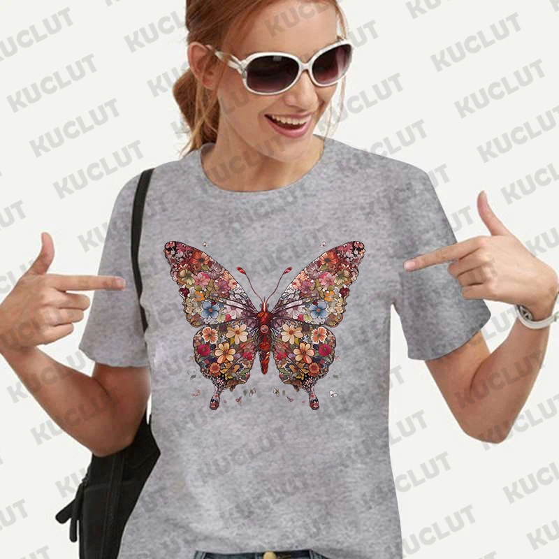 Butterfly Floral Print Women Tees Shirt Harajuku Ulzzang Streetwear Funny T-Shirts Cartoon Graphic Y2k Tops Aesthetic Clothing