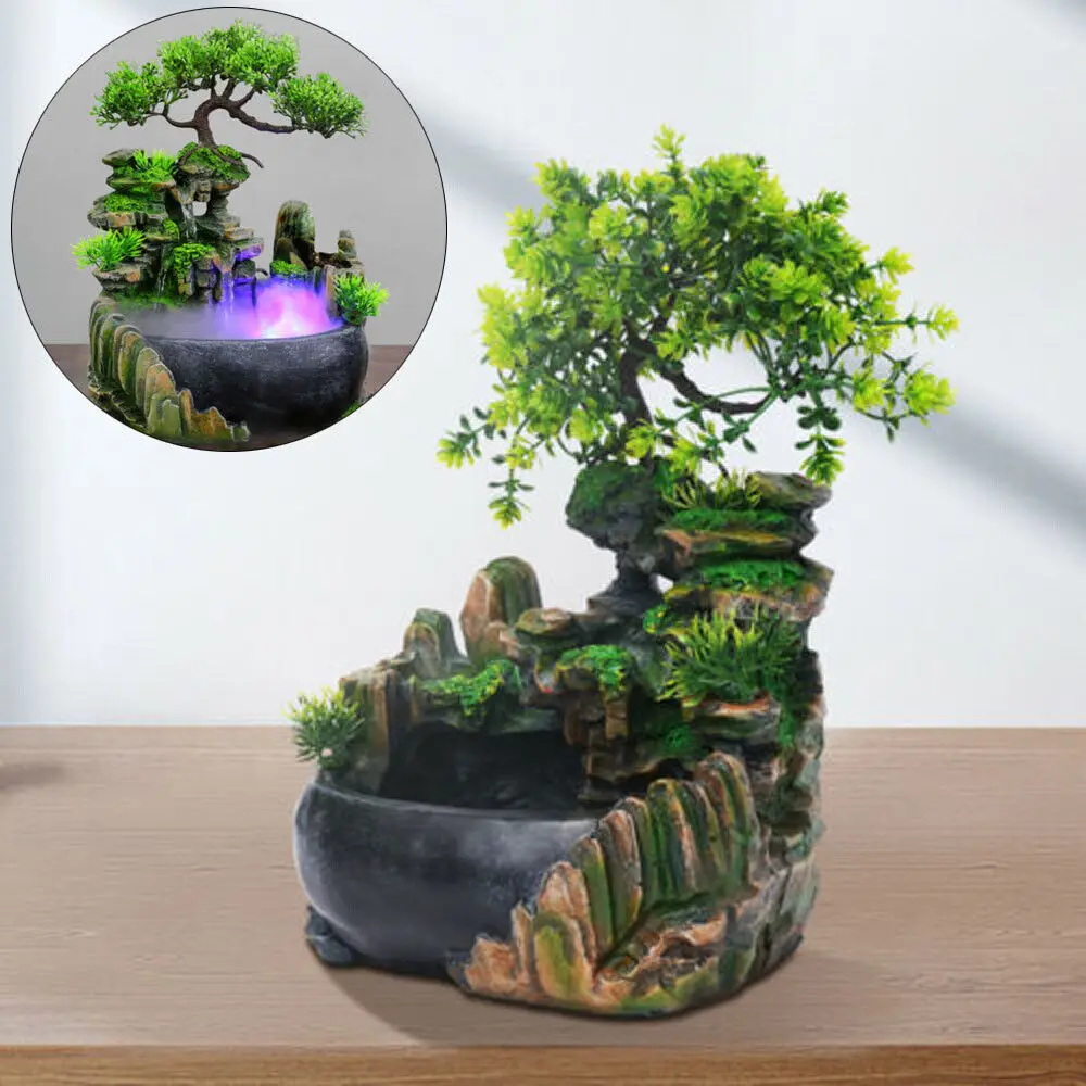 

Desktop Waterfall Bonsai Mini Rock Fountain w/LED Lights & Atomizer, Artificial Bonsai Tabletop Fountain Decor, Office Decor