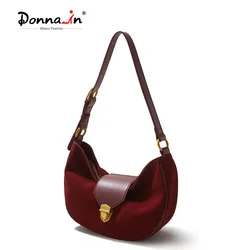 Donna-in Real Suede Hnadbag Genuine Cow Leather Winter Fashion Shoulder Hobos Bag Wine Red Eleghant