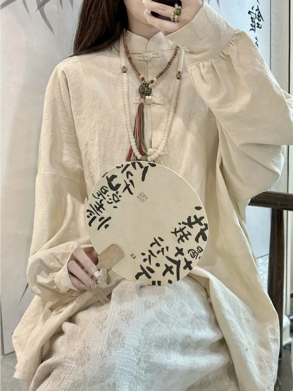 

New Chinese Style Women's Cotton Linen Shirt Buddhist Zen Style Tea Costume Tang Suit Top Half Sleeve round Neck Design