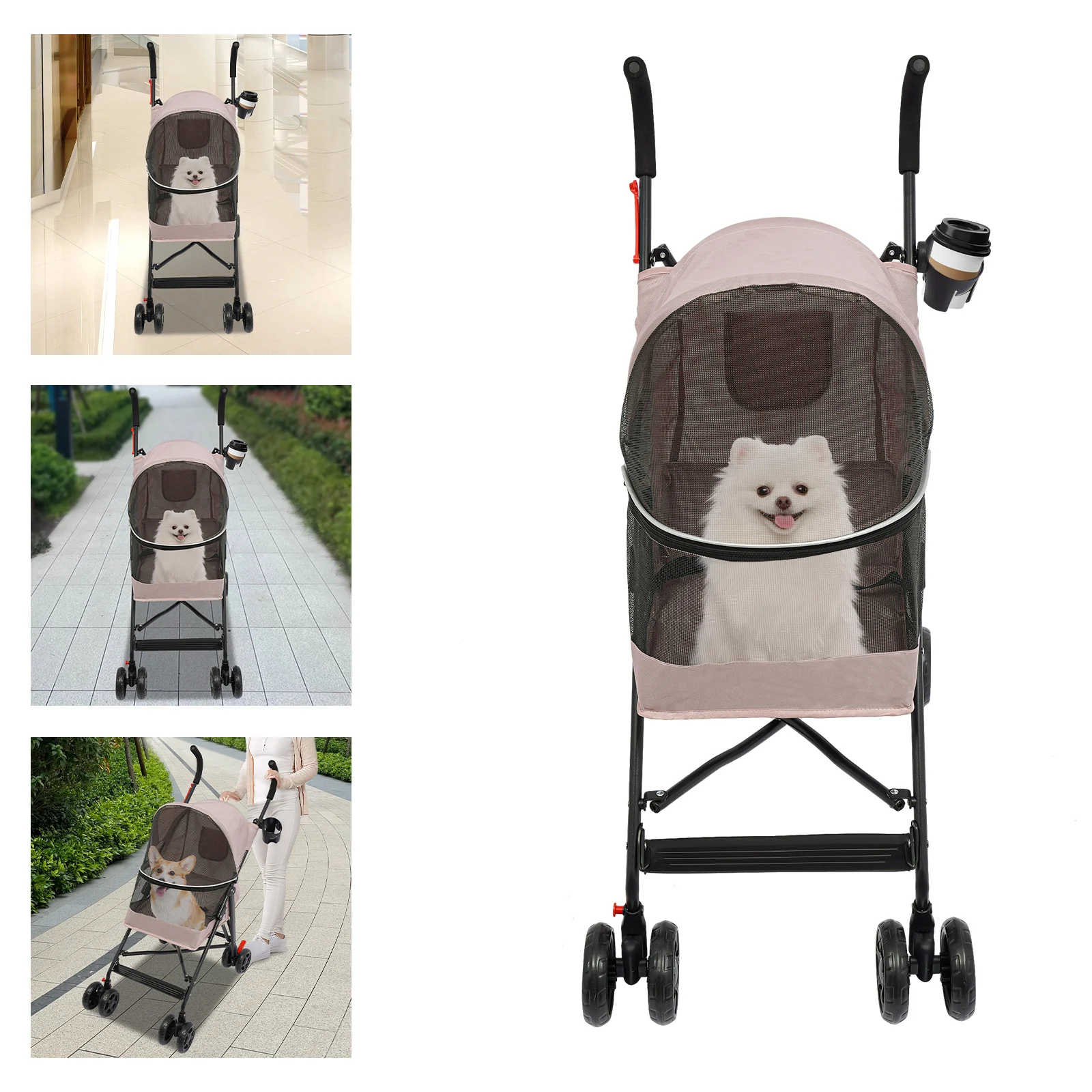 

Pink Foldable Pet Stroller—Oxford Cloth/Iron, 22lbs Load+360° Front Wheels, 180° Zip+Safety Rope, Removable Washable Cushion