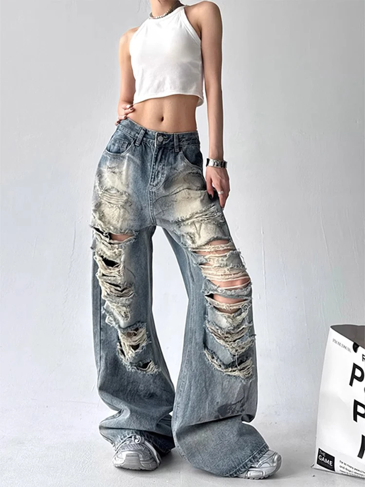 بنطال جينز أمريكي ساخن عصري بفتحة مكسورة للنساء لصيف 2025 تصميم جديد للإحساس فضفاض وواسع الساق مستقيم الساق على الأرض #4