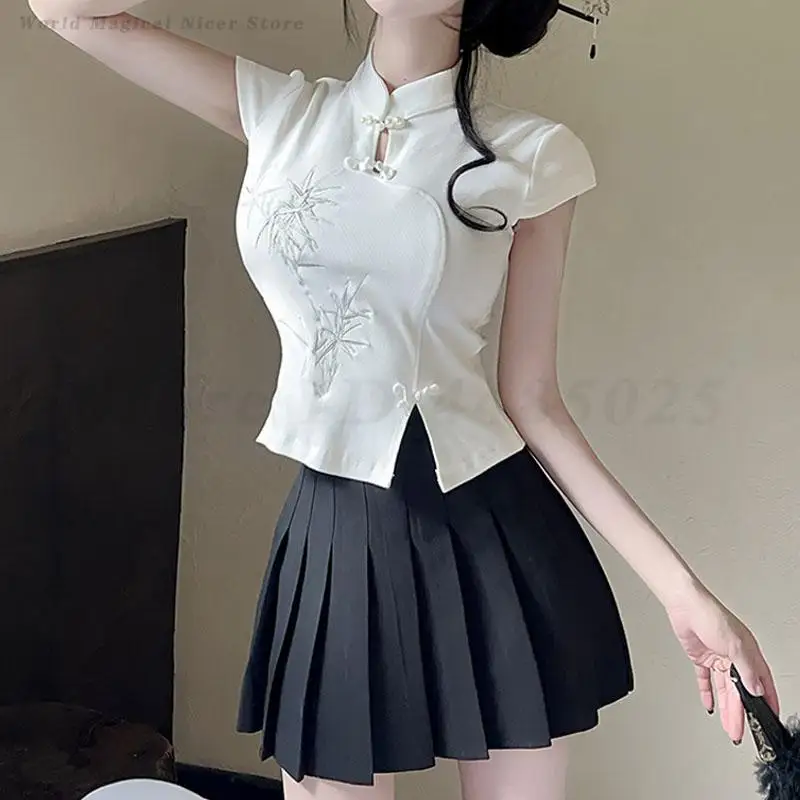 

Новая винтажная униформа JK в китайском стиле с короткими рукавами, топ Cheongsam, плиссированная юбка, комплект из двух предметов, сексуальный тонкий женский костюм, уличная одежда
