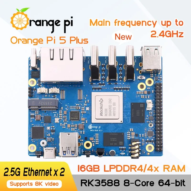 Orange Pi-5 Plus 4 8 16GB RAM, RK3588, 8-Core, 64-Bit, 2.5G, Porta Ethernet Dupla, Extensão PCIe, Caixa de Alumínio Opcional, Fonte de Alimentação