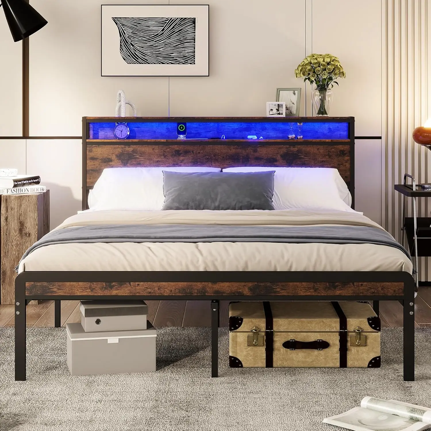 

Full Size Bed Frame with Charging, Full Size Bed Frame with Headboard and Charging Station, Brown Platform Bed, Customized
