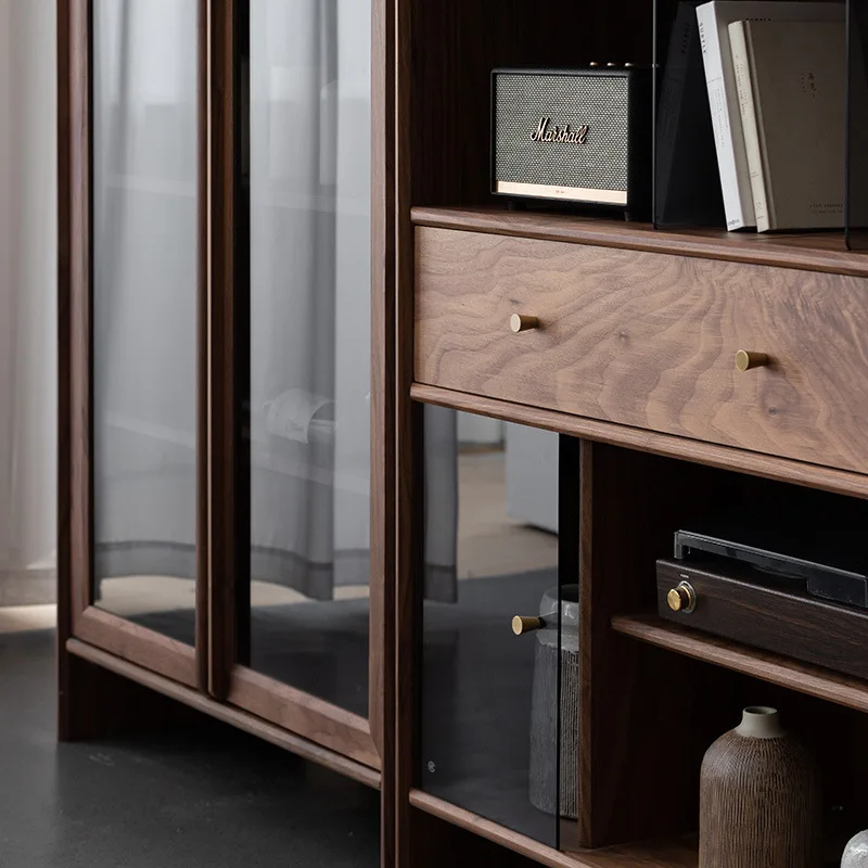 Solid wood bookcase New Chinese black walnut glass door bookcase Living room Bedroom Simple wall combination cabinet Locker
