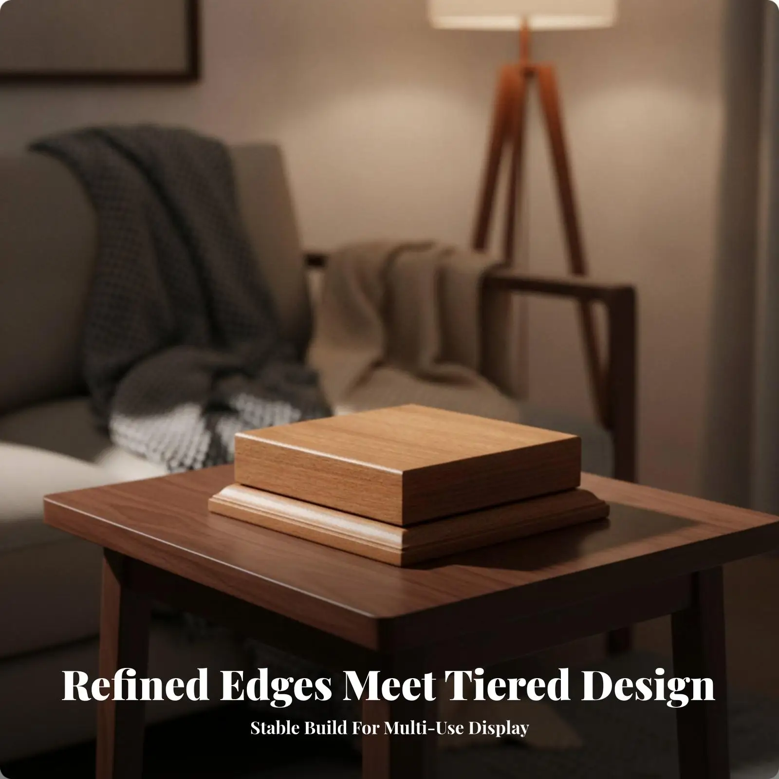 Tiered Square Wooden Display Pedestal | 5 Cm Height, Broad Upper Surface, Wood-Grain Display Pedestal with chamfered Edges, for