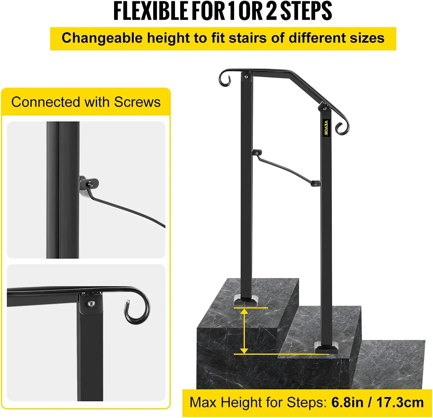 Handrails for Outdoor Steps, Fit 1 or 2 Steps Outdoor Stair Railing, Arch#1 Wrought Iron Handrail, Flexible Porch Railing