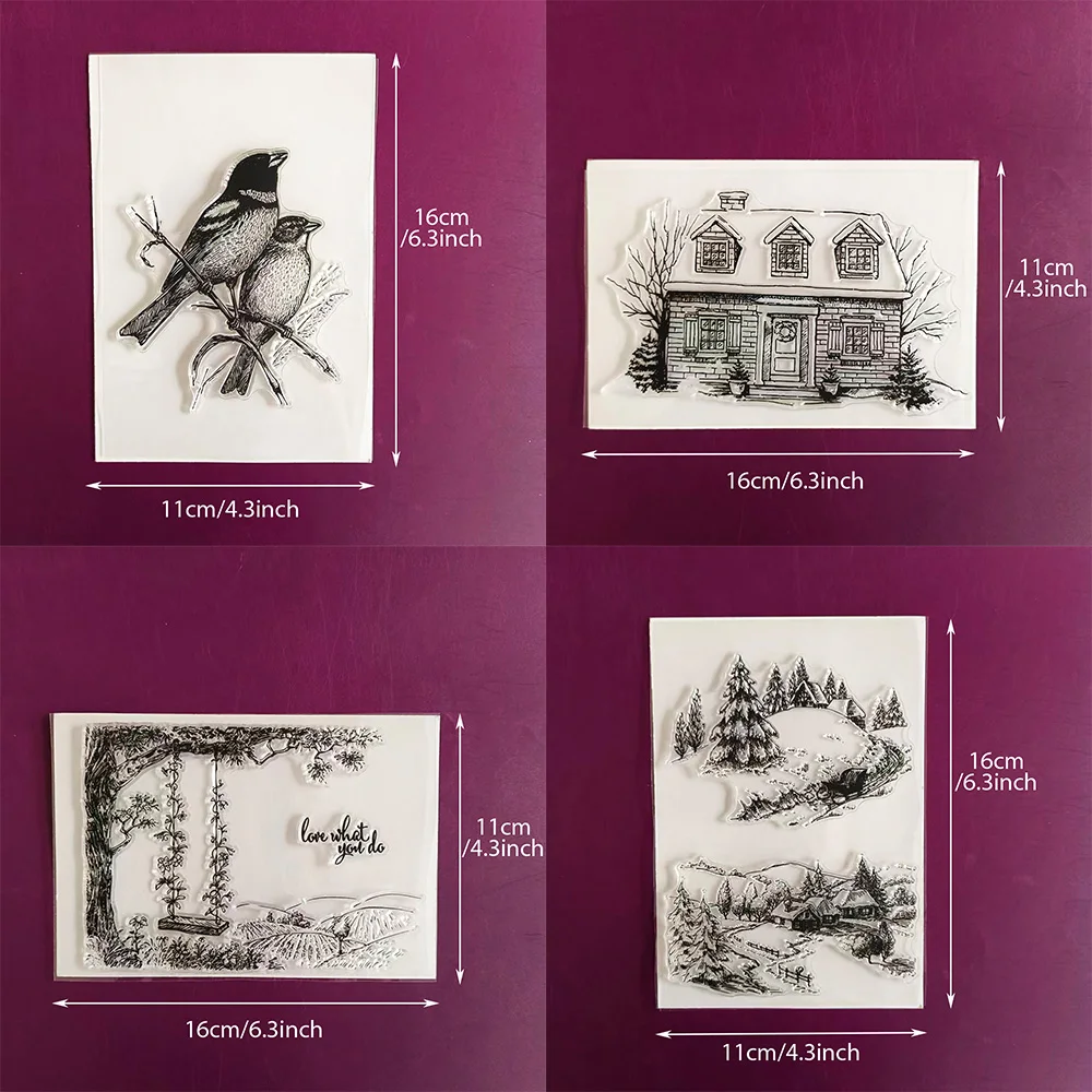 Transparente Silikonstempel mit Vintage-Winterlandschaft und Vögeln für Kartenherstellung, Scrapbooking, DIY-Bastelarbeiten, Journaling, Albumdekoration