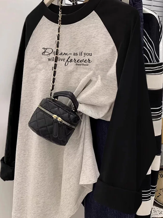 Loose Long Sleeve T-Shirt Women's Vintage Chic Splice Shoulder Sleeve Top Ultra Popular Color Collision Thin Cotton Casual Style