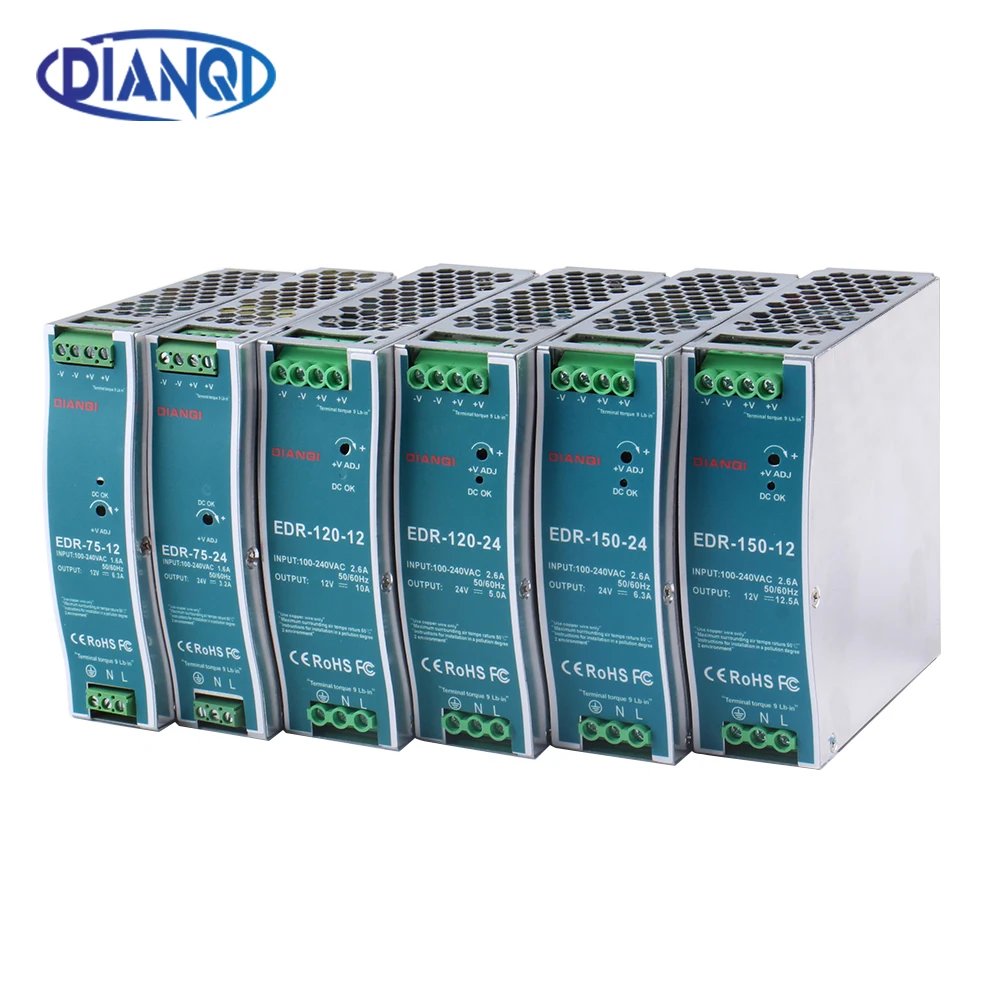 DIANQI EDR-75 120 150 series 12V 24V 48V DC 75w 120w 150w Single Output Industrial DIN RAIL Power Supply