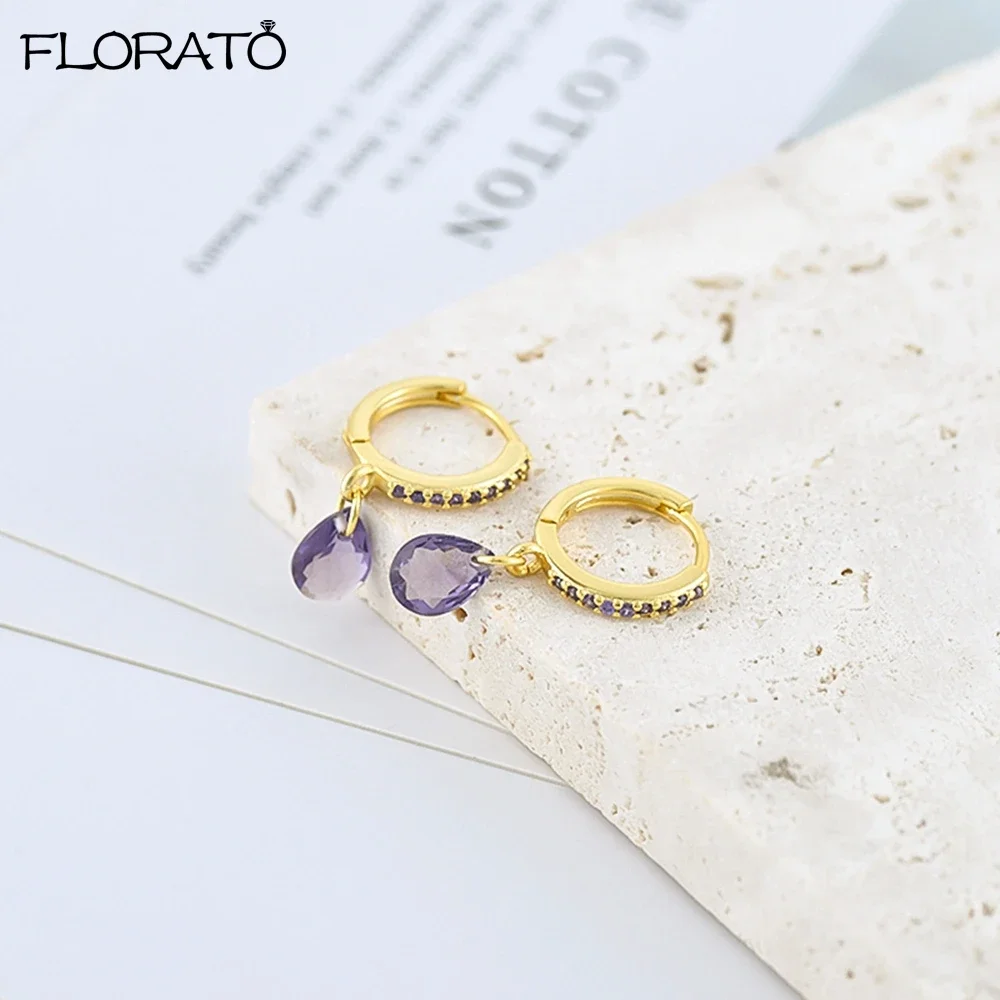 925 Silver Needle Water Droplet Pendant Hoop Earrings Colorful CZ Zircon Piercing Women's Earrings 2023 Trend Jewelry Wholesale