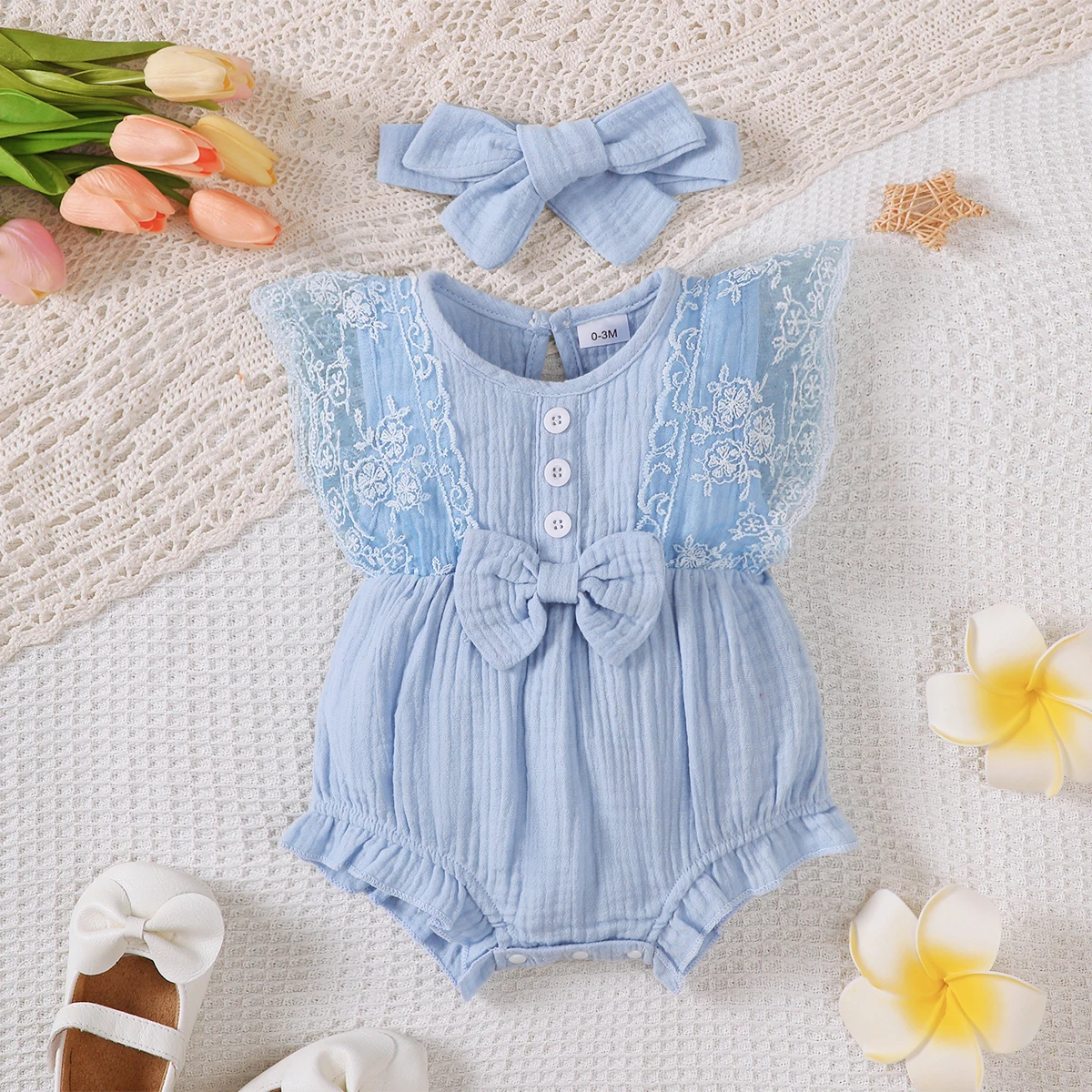 Newborn Baby girl Summer Bodysuit solid color Round neck lace Sleeveless Bodysuit+Headband for Cute Female Babies 0-18 Months