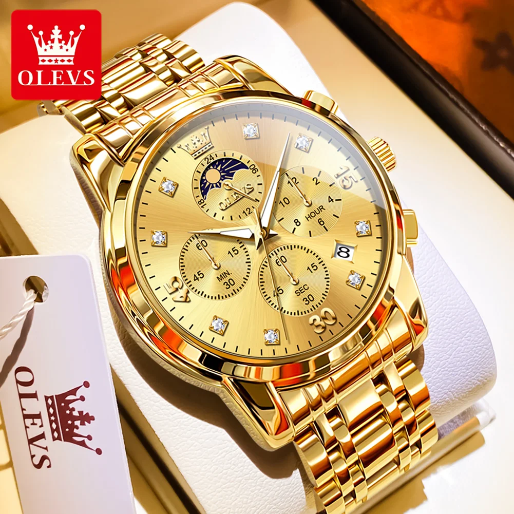 OLEVS Luxury Men\'s Watches Business Fashion Original Quartz Watch for Man Luminous Waterproof Moon Phase Date Chronograph 3652