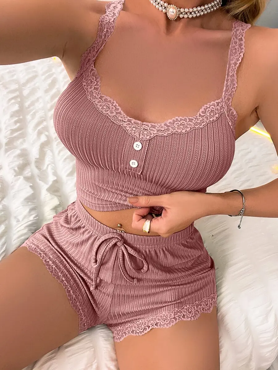 

Lace Trim Button Front Crop Cami Top And Shorts Pajama Set
