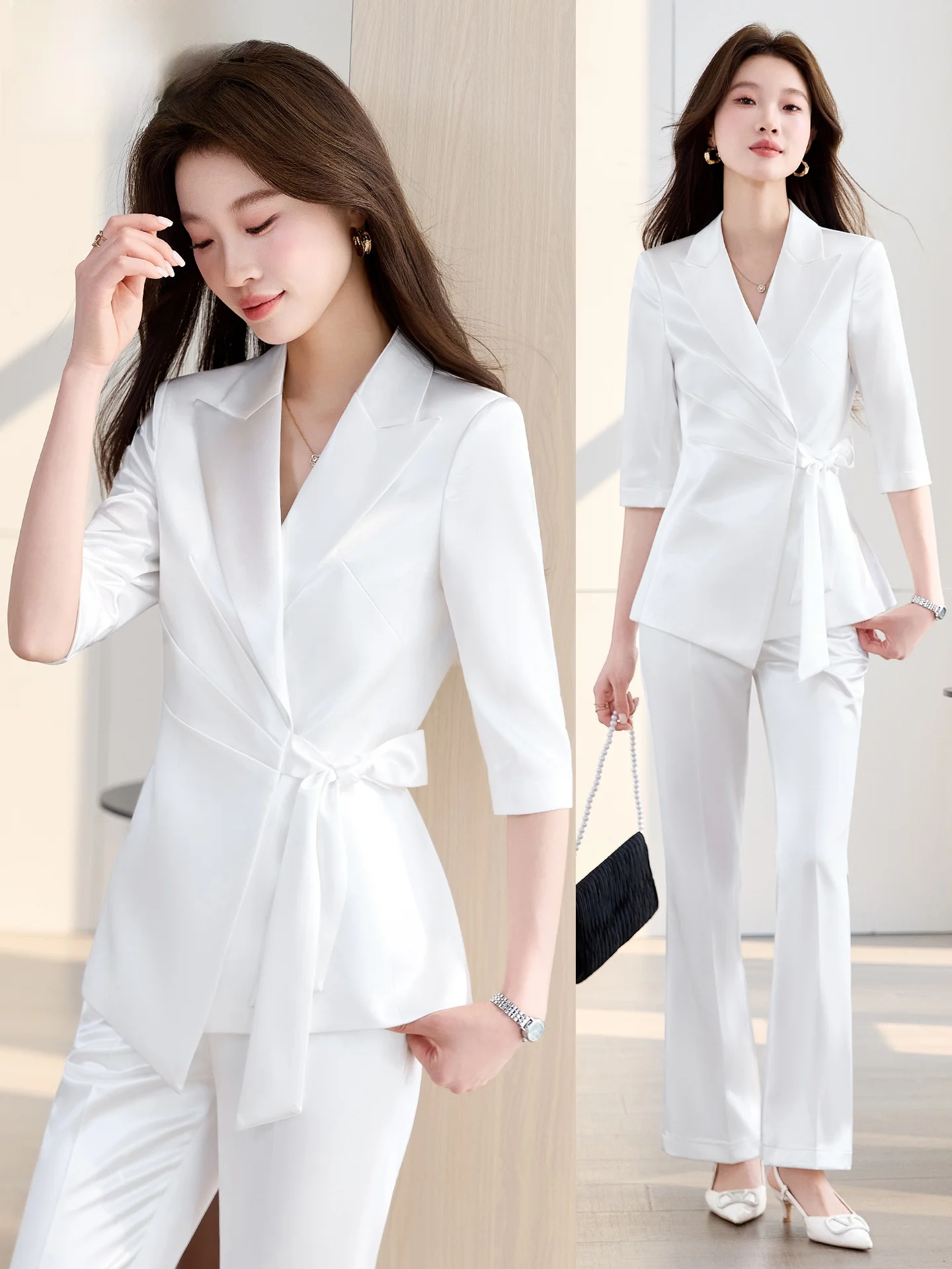 

Белый ацетатный атласный тонкий женский деловой костюм с поясом, профессиональный, с рукавом три четверти, для бизнеса