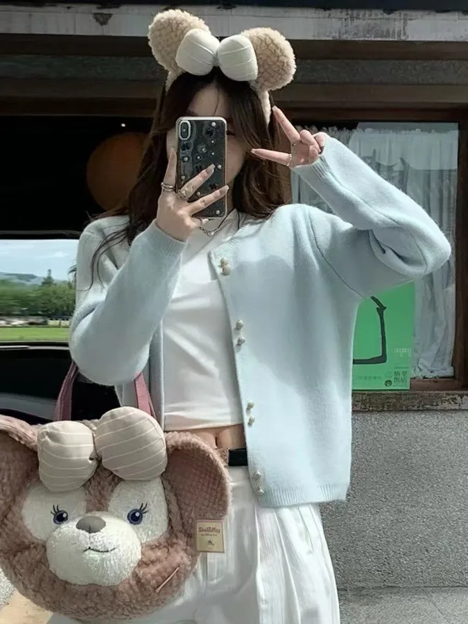 

Blue Knitted Open Cardigan Lazy Sle Women's Spring Autumn Loose Top Small Fraance Wind Coat Straight Tube Long Sve rou...