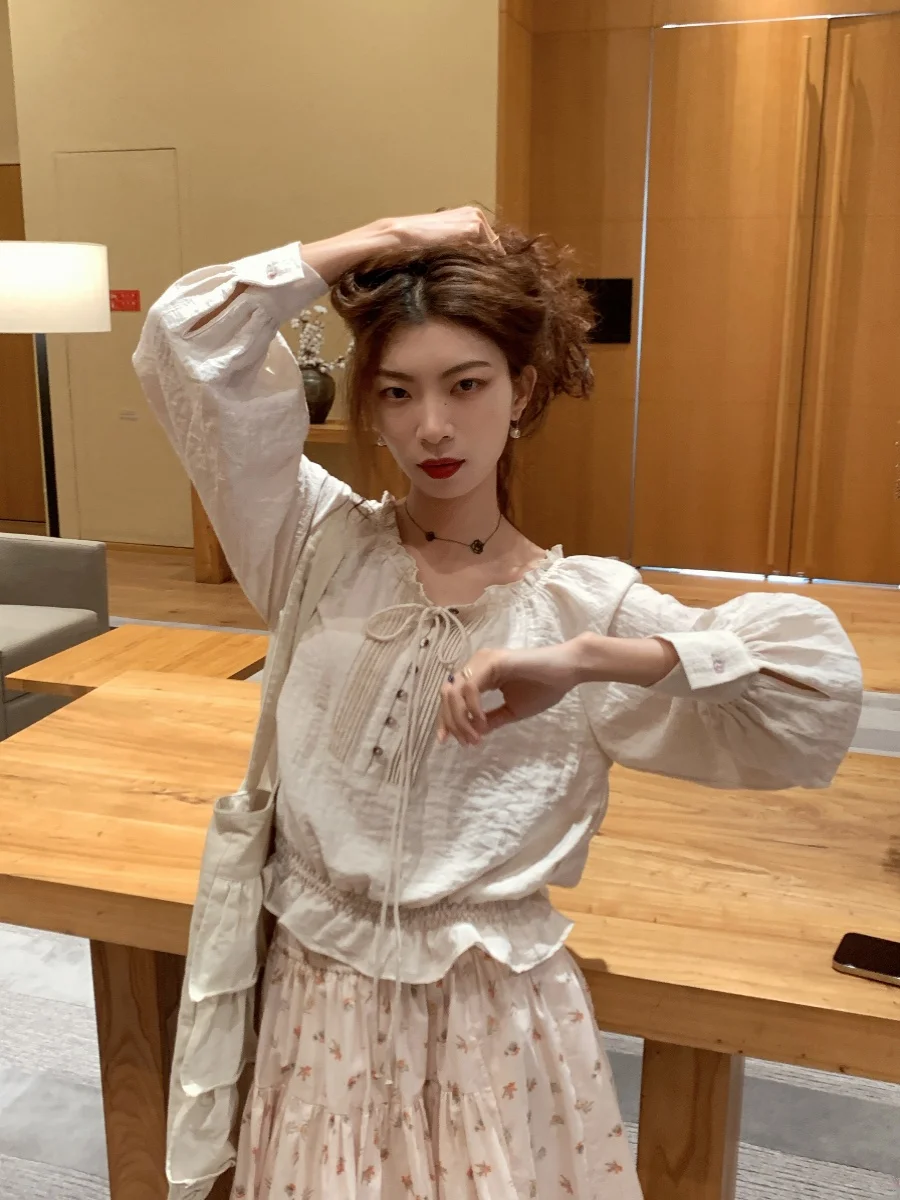 

Ретро Sle White Water Jasmine Silk Blend irt женские свободные собранные плиссированные кружевные воротники с цветочным принтом длинные све дышащие