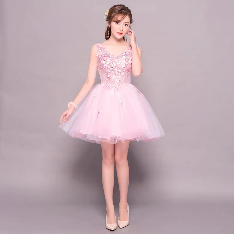 Vestido de baile sem mangas, vestido curto rosa de tule, tamanho positivo, decote em v clássico, doce, Bal