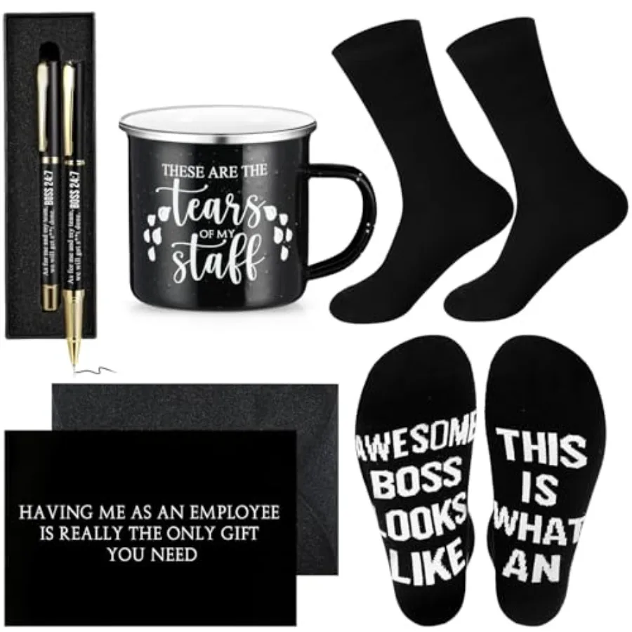 

6 Pcs Funny Boss Gift for Men Included 12 oz Tea of My Staff Emel Mug Socks Ballpoint Pen with Pen Box Card Envelope Boss's Day