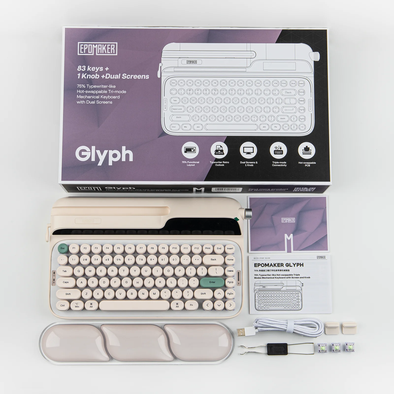 EPOMAKER Glyph 75% ANSI US Layout Przewodowa/Bezprzewodowa 2.4Ghz/BT Klawiatura Mechaniczna w Stylu Retro z Ekranem TFT i Pokrętłem — zdjęcie produktu 6