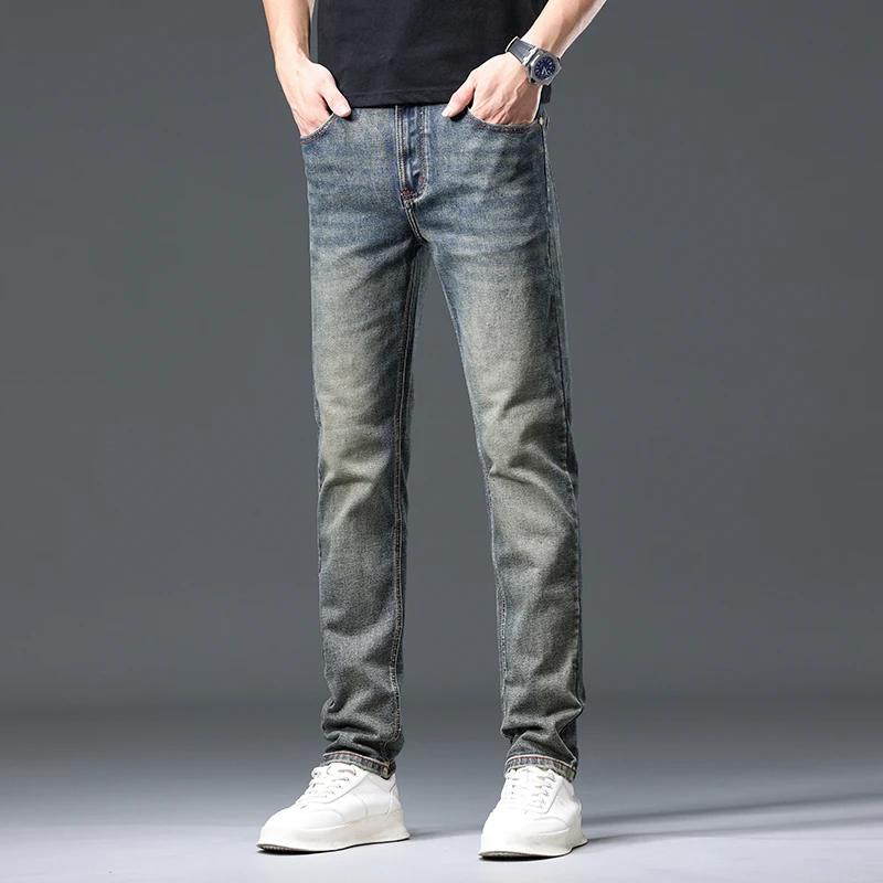 New retro jeans men's straight leg slim fit washed trendy brand nostalgic trend distressed pants men clothing streetwear men