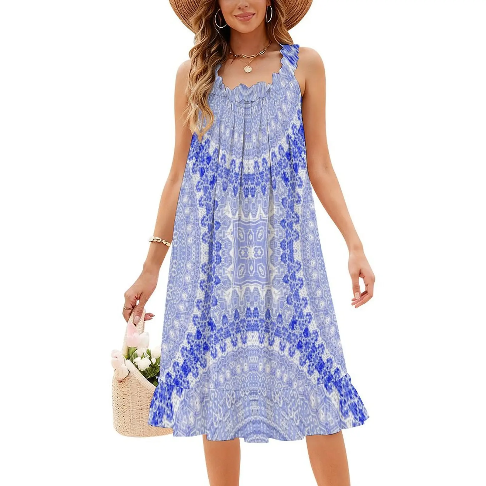 فستان قصير على طراز ماندالا باللون الأزرق للأطفال للنساء على شكل حرف a فستان يوم غير رسمي فضفاض بنصف ماندالا بنمط أزرق للأطفال #4