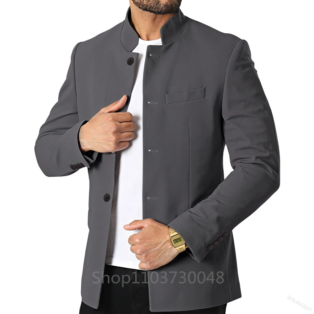 سترة رجالية عالية الجودة بلون سادة وياقة واقفة وزر واحد كاجوال بقصة ضيقة للرجال
