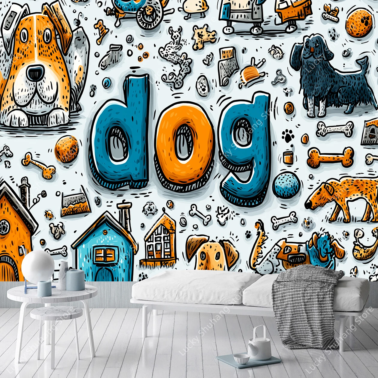 Playful Dog Lovers Tapestry Featuring Colorful Typography and Cute Puppies with Bones Toys for Pet Themed Room Wall Office Decor