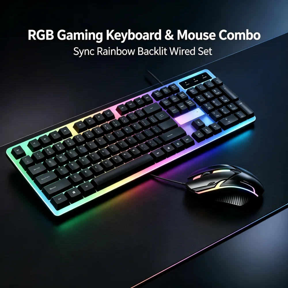 Wired USB Backlit Keyboard and Mouse Combo, Ergonomic Mechanical Feeling Gaming Keyboard & Mouse Kit, Plug Play Computer Accessories for PC Desktop Laptop Home Office Gaming