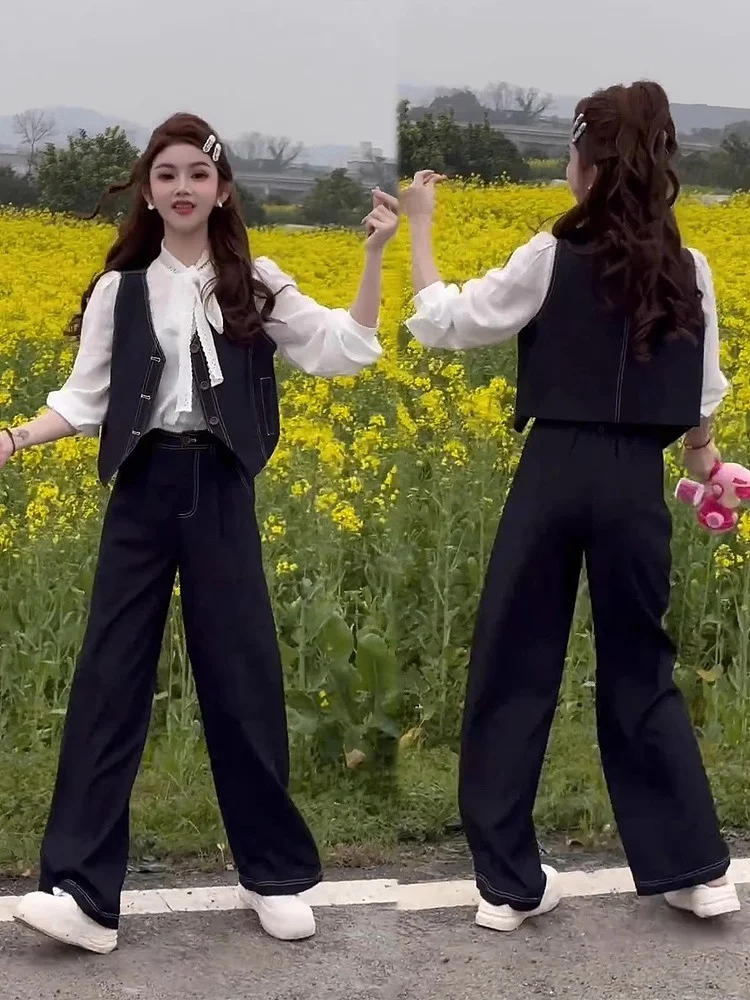 

Slimming High Waist Wide Leg Pants Knot Tie Top Tee Piece Set Women's Faion Spring Trend V Ne Button Closure