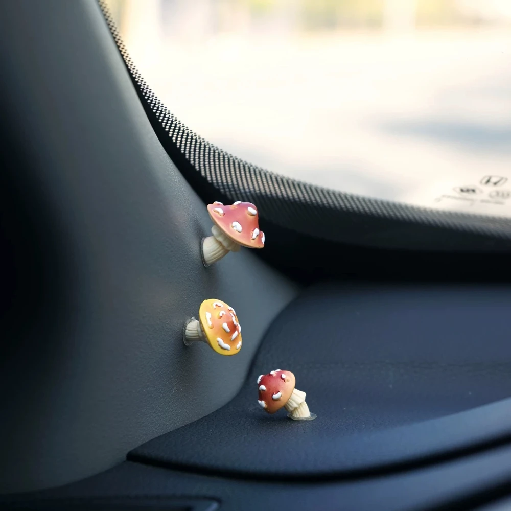 3Pcs Little Mushrooms Miniatures Car Dashboard Rearview Mirror Decorations,Cute Car Interior Decor Funny Gift