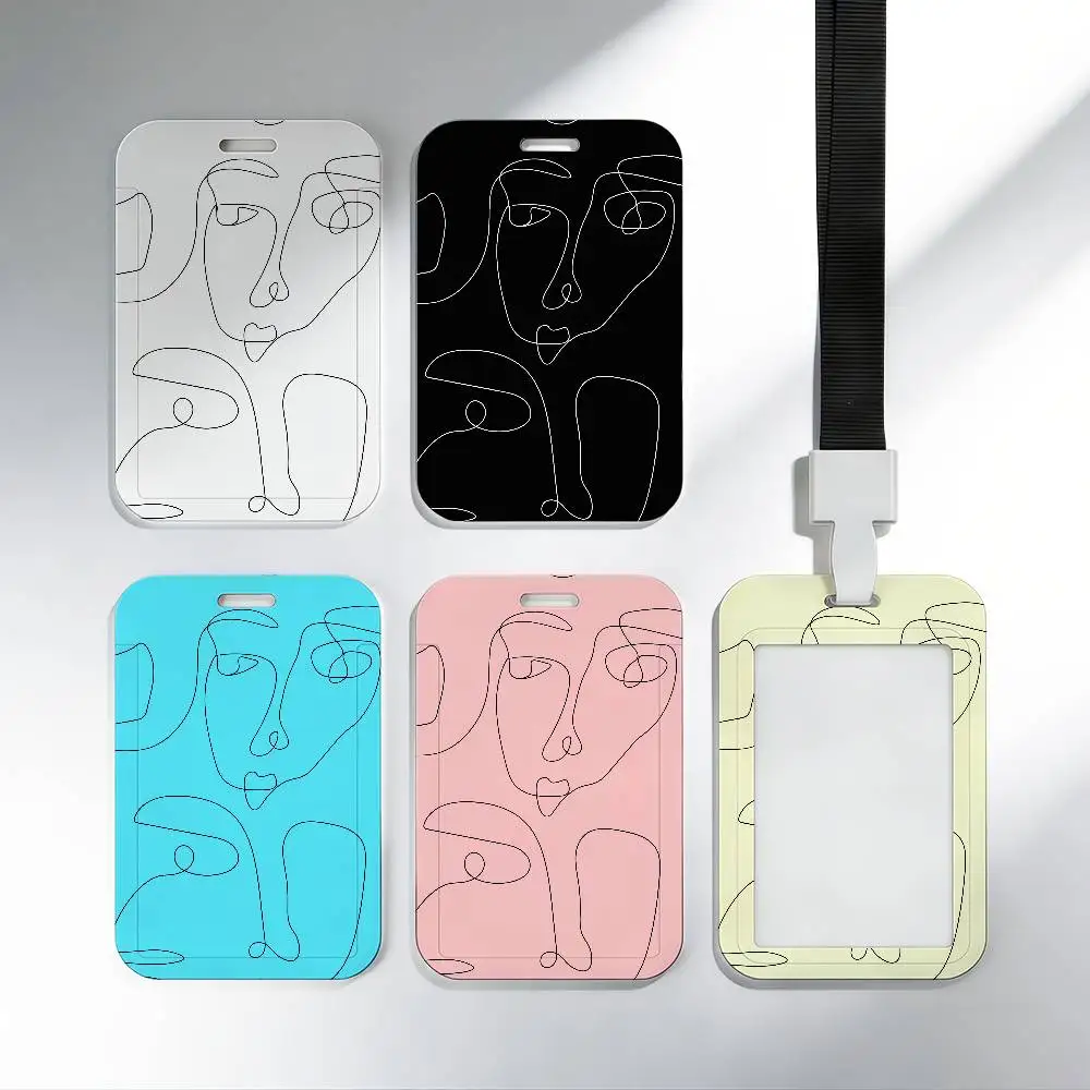 

Современный модный брелок-держатель для карт с абстрактным линейным рисунком лица, для удостоверений личности, кредитных карт, пропусков, с веревкой для подвешивания