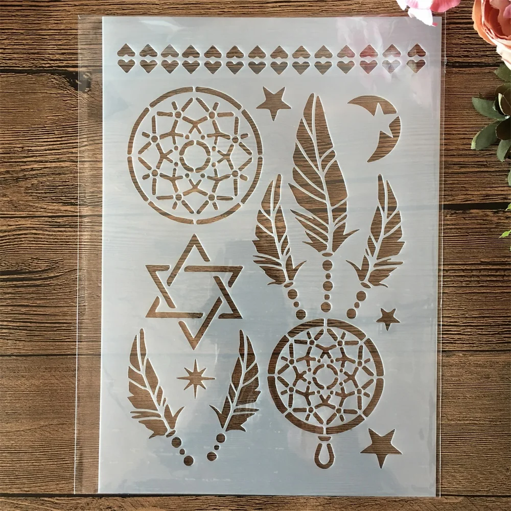 1Pcs A4 29cm Mandala Feather Tassel Wheel DIY Layering Stencils Painting Scrapbook Coloring Embossing Album Decorative Template