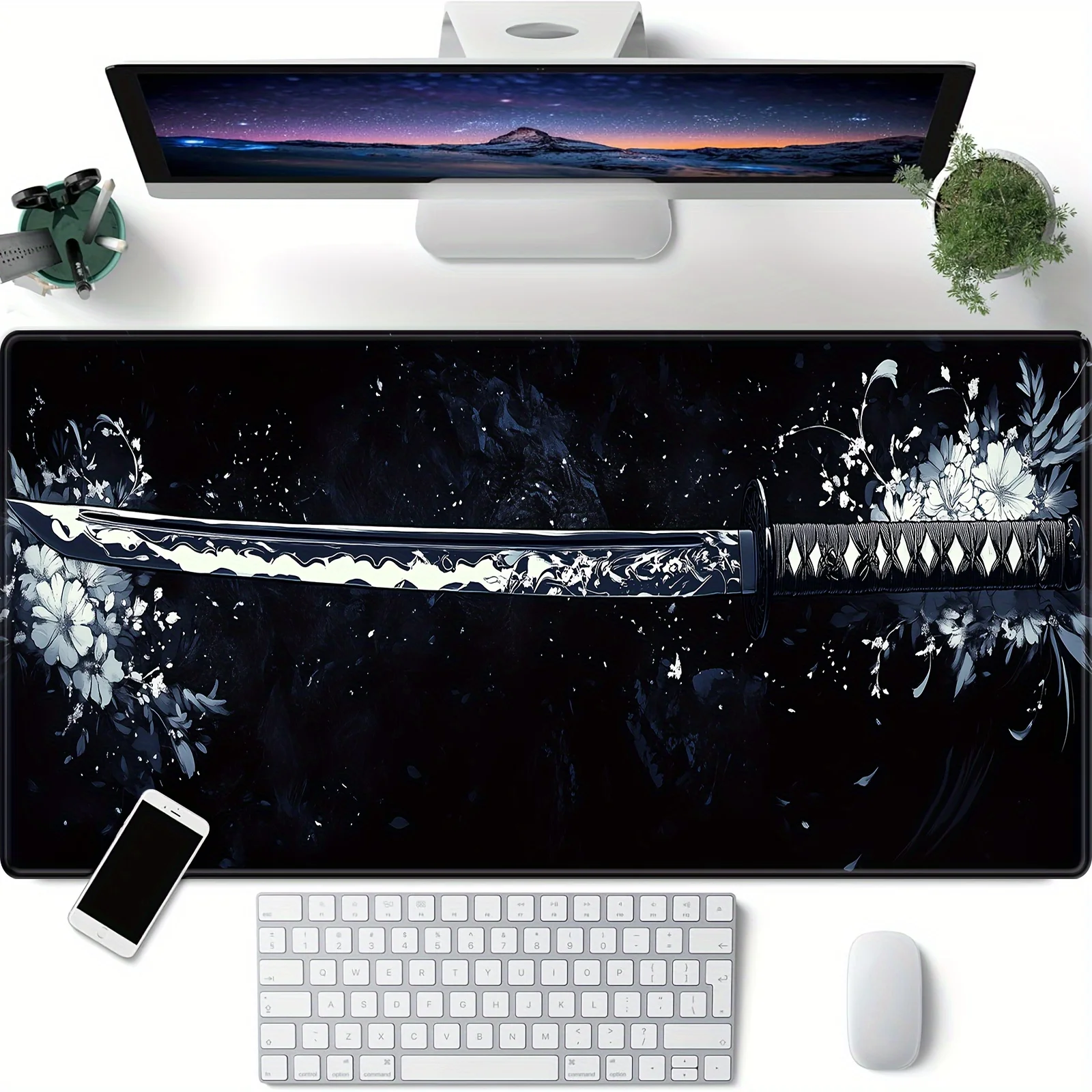 Extended Gaming Mouse Pad with Floral Sword Design Non-Slip Rubber Large Desk Mat for Keyboard Laptop for Gaming Office and Home