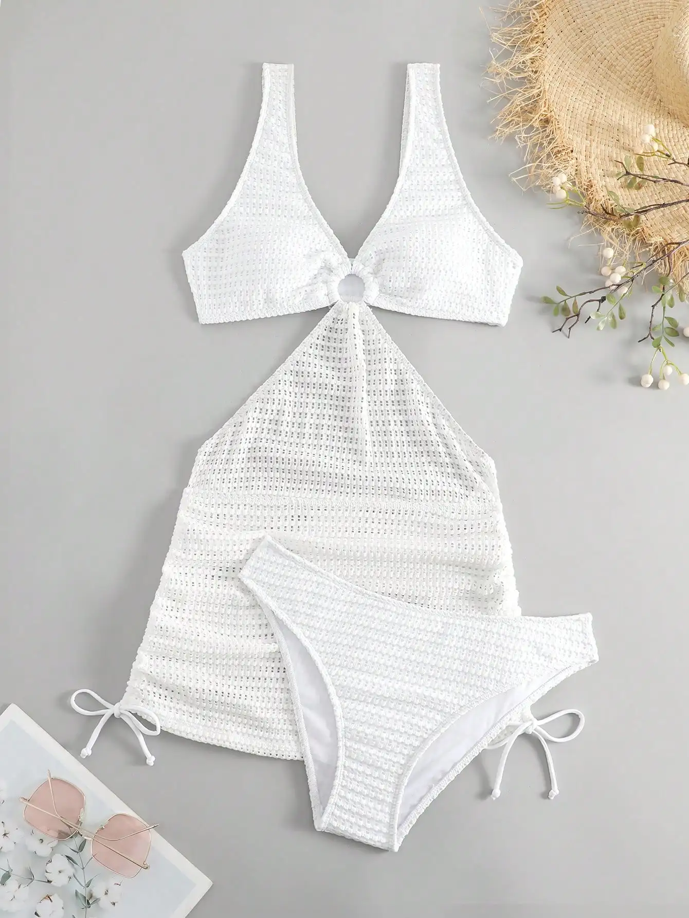 

White Cut Out Ring Detail Drawstring Side Bikini Set With Beach Skirt