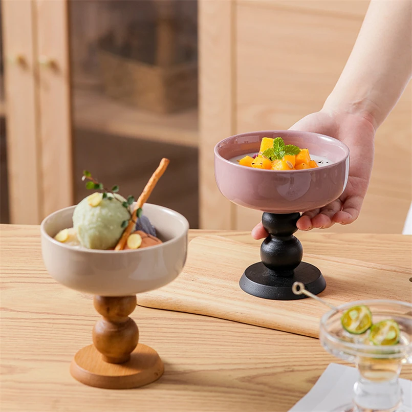 

French Vintage Dessert Ice Cream Ceramic Goblet Creative Wooden Handle Stitching Bowl Household Solid Color Pudding Cup