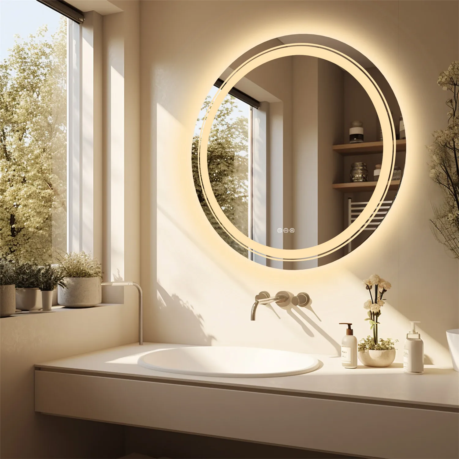 Bathroom Mirrors Round for Wall with Backlit + Front-Lighted Dimmable Anti-Fog