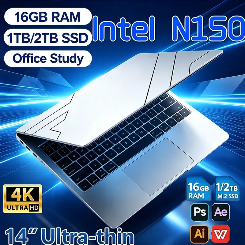 New 14.1" Laptop Intel N150 16GB RAM 1/2TB SSD Gaming PC Ultra Slim Office Study Computer PC Windows 11 Pro 1920*1080 HD