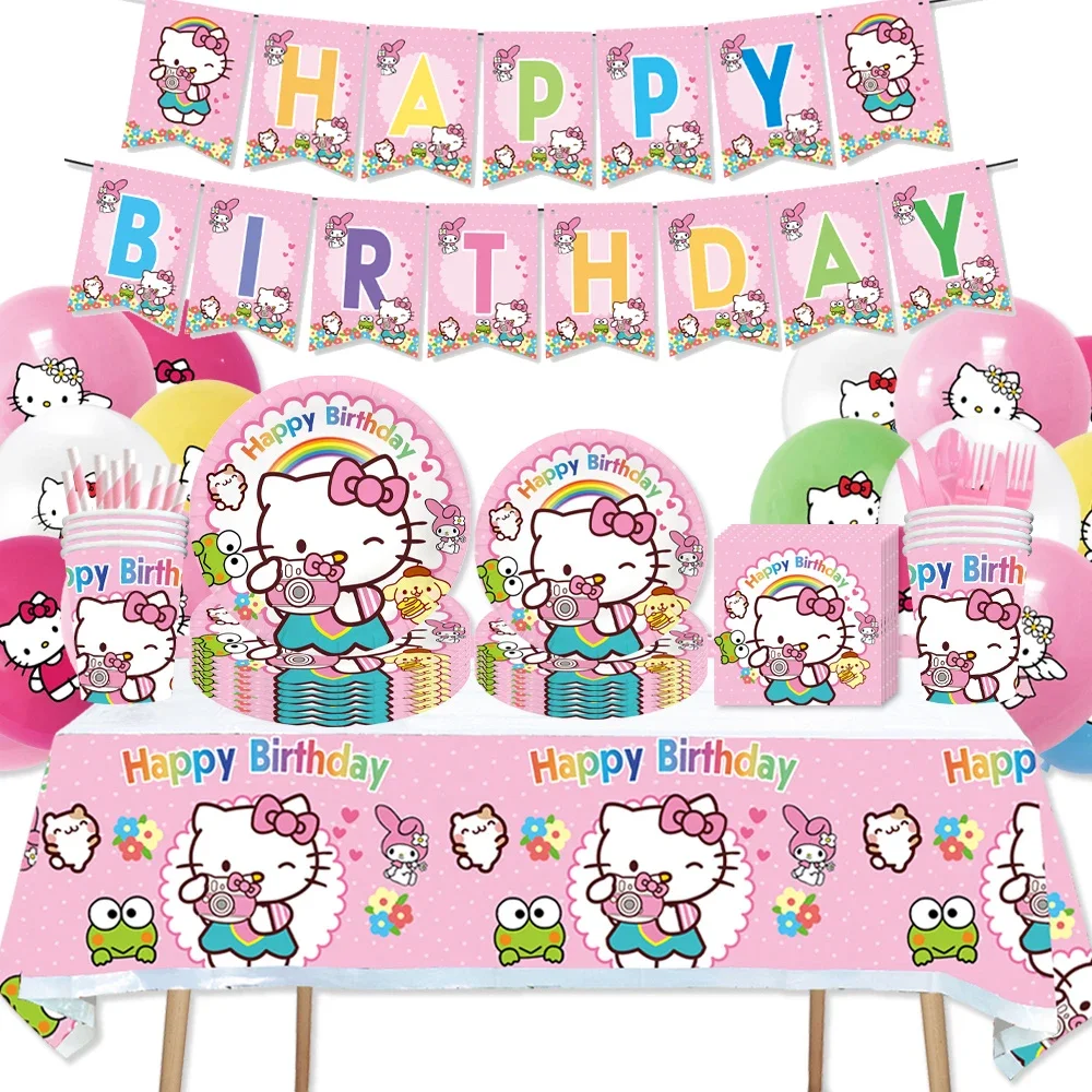 Tema rosa de Hello Kitty para fiesta de cumpleaños de niñas, taza de papel, plato, vajilla, globo, recuerdos para niños, fondo, suministros para