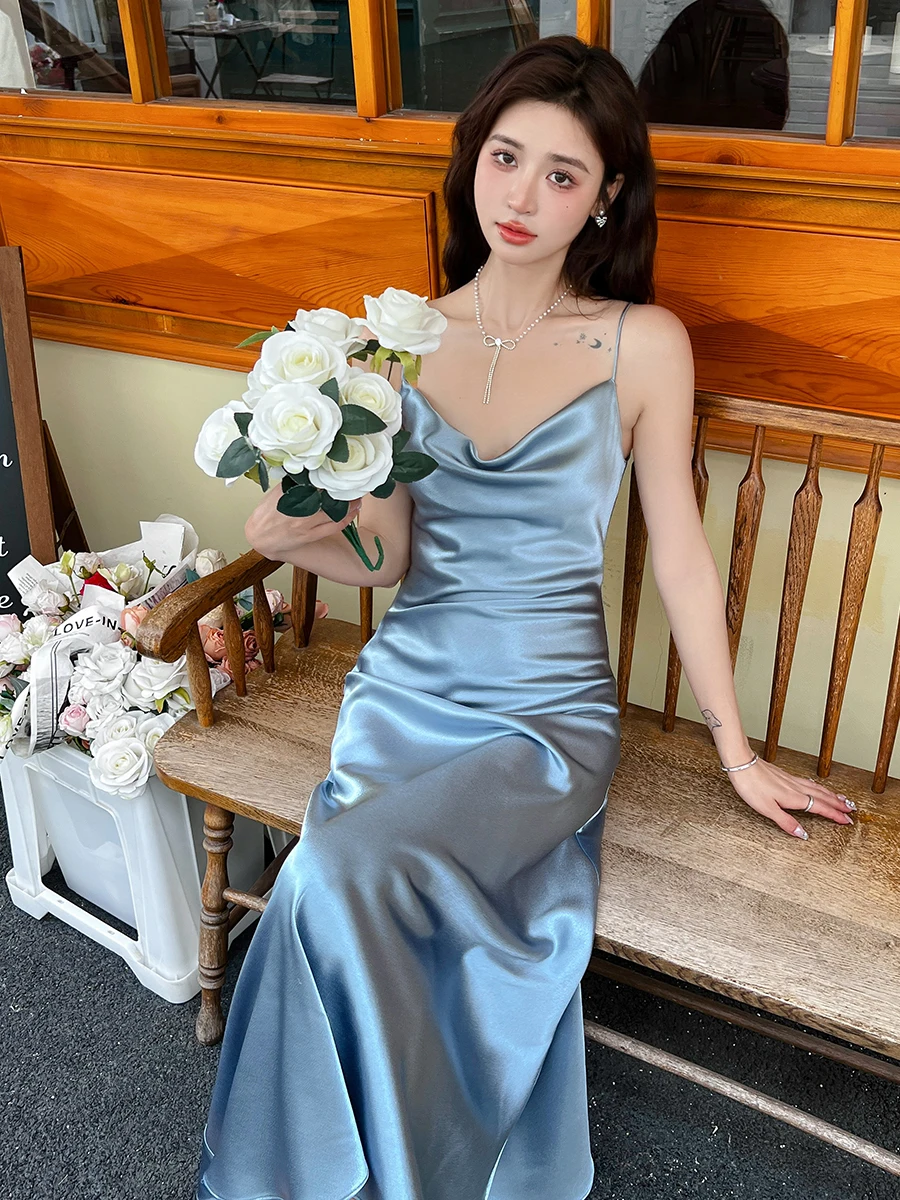 Frauen Sommer Sexy Schwingen Kragen Acetat Langes Kleid Dame Elegante Einfarbig Elegante Ärmellose Party Urlaub Kleid