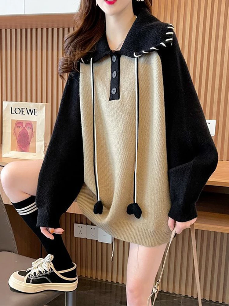 

AZYT Turn Down Collar Loose Woman Sweater Patchwork Knitwear y2k Tops Female Casual Knit Pullover For Women 2023 New