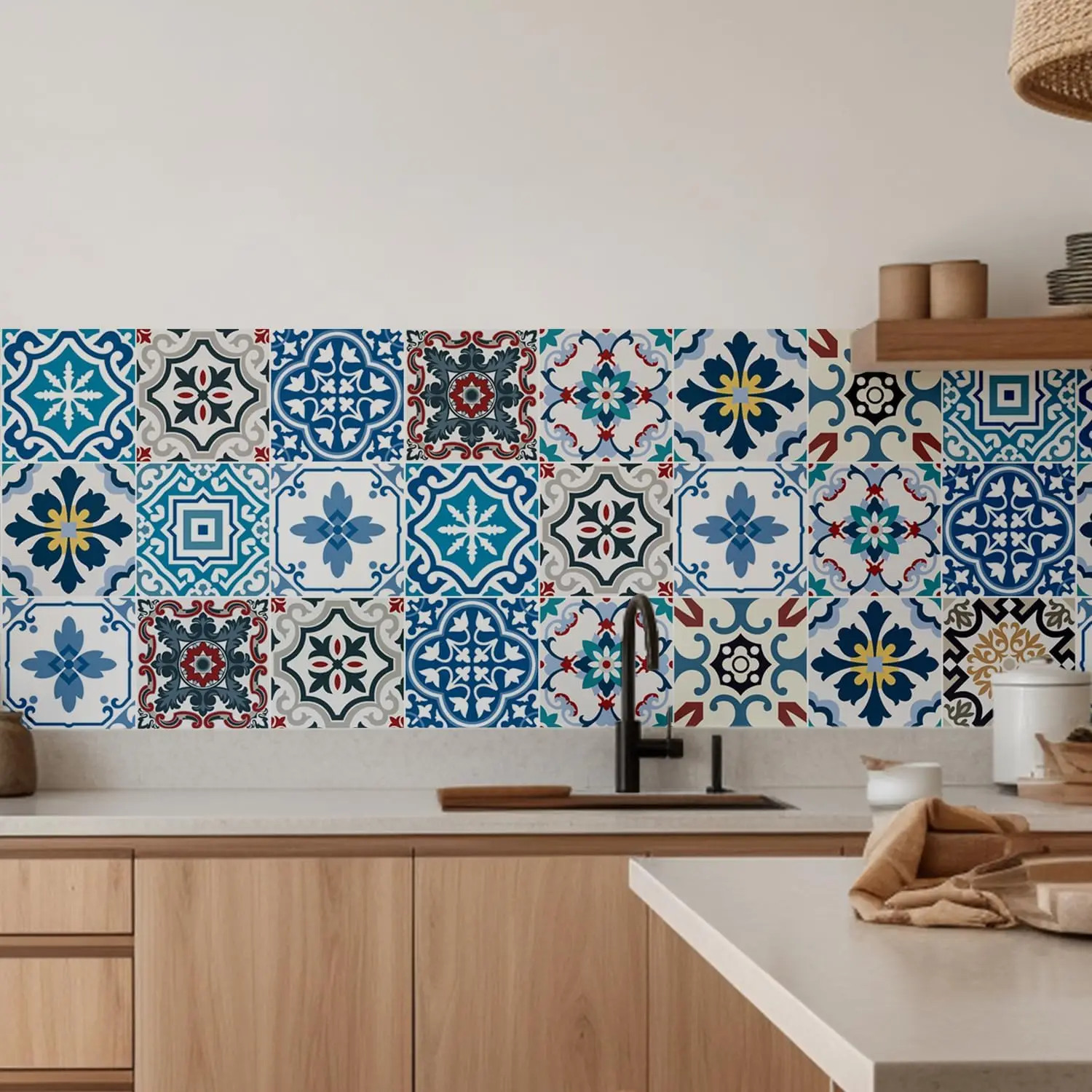 24 Pcs Tile Stickers European Style Peel and Stick Tile Stickers Detachable DIY Wall Decals, Wallpaper for Kitchen Bathroom Wall