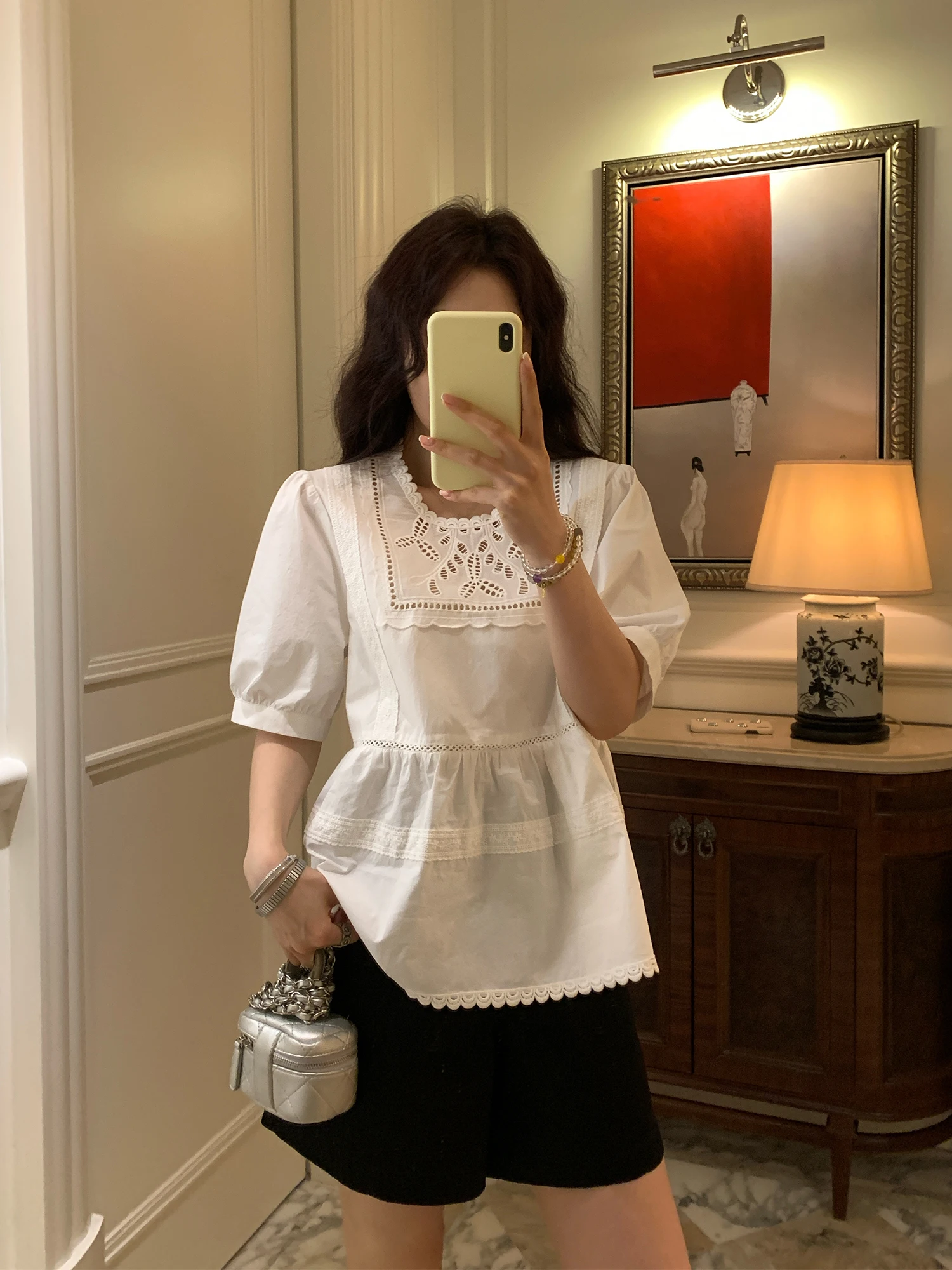 

NAZ Large Size irt Lace Splice Hollow Bubble Sve Cotton Breathable Korean Sle Women's Summer Top Faionable Design