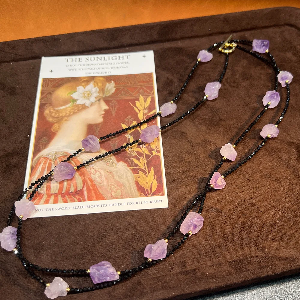 Amethyst long style, a variety of wearing sweater chain, black gold crystal millet beads, light luxury, French simple retro and