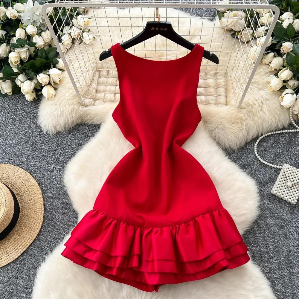 Elegante O-hals Vintage Mouwloos Chique Ruche Sexy Backless Slanke Potlood Korte Jurken Franse Zomer Dames High Street Kleding